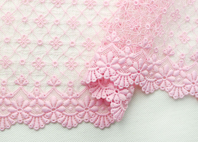 Fashion Pink Floral Embroidered Lace Trim With Chemical Poly Milk Silk For Women