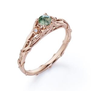 Wholesale Floral Bezel Round Cut Natural Transparent Moss Green Agate Engagement Ring from china suppliers