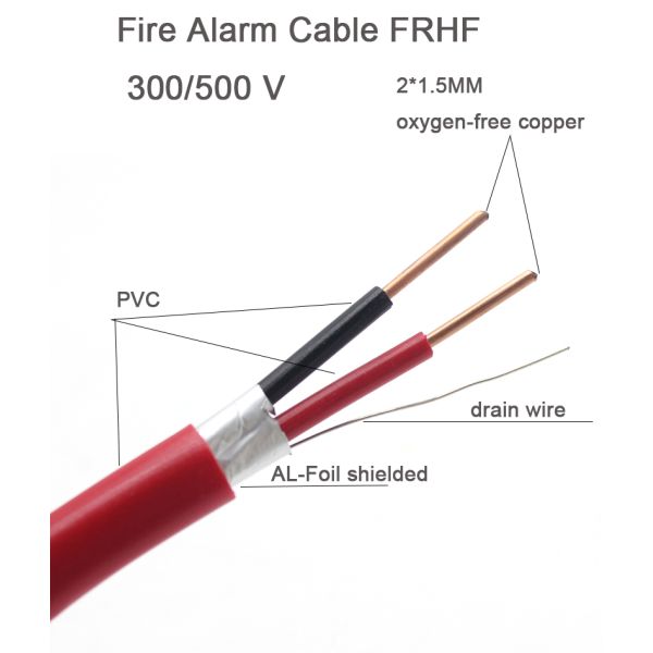 Security red black 2 core 1.5mm solid bare copper shield fire resistant alarm cable