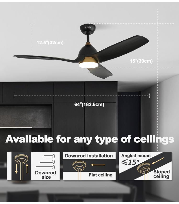 Solid Wood Black Gold Design LED Ceiling Fan 64 Inches for Home Hotel and Office Needs