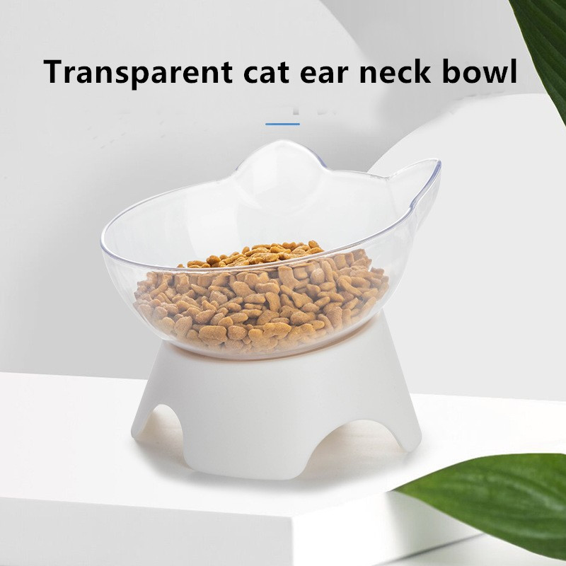 Cat Bowl Dog Bowl Cat Single Bowl Non-Slip Cat Bowl Oblique Mouth Neck Protector Transparent Pet Bowl High Foot