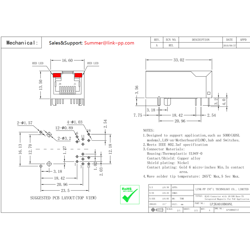Ethernet Cable RJ45 Connectors 10 / 100Base-T LPJK4010B69NL Flip Chip