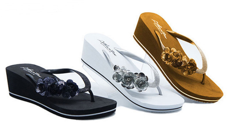 Summer Eva Flip Flop Wedge Black Glitter Flip Flop For Woman Heel