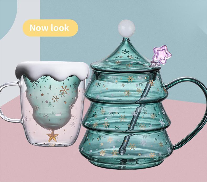 Christmas Tree Double Wall Glass Mug Cute Creative For Festival Gift OEM ODM