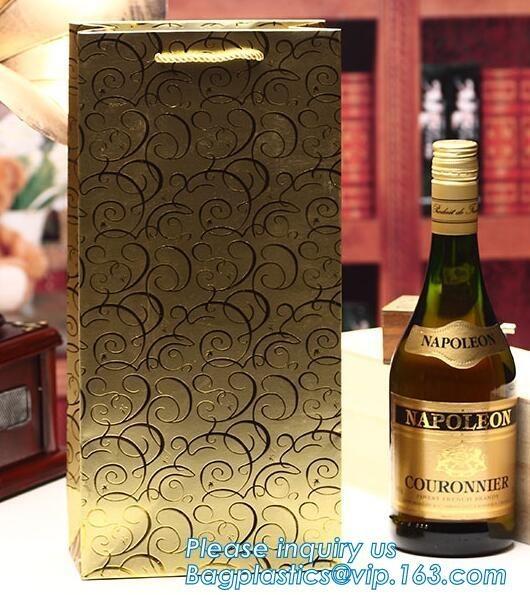 wine paper bag with handles,luxury glossy wine bottle gift paper bags,Gold Wine