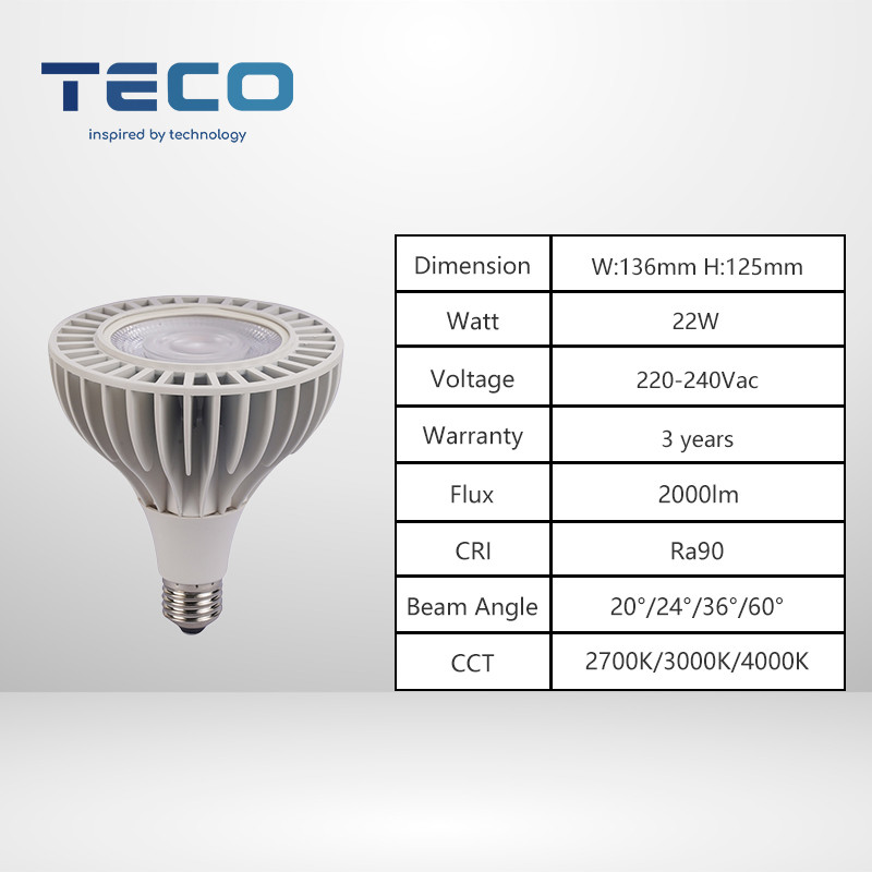 Teco PAR38 FIN LED Bulbs Dimmable 2700k Very Warm White 24 Degree Beam Angle Ra90