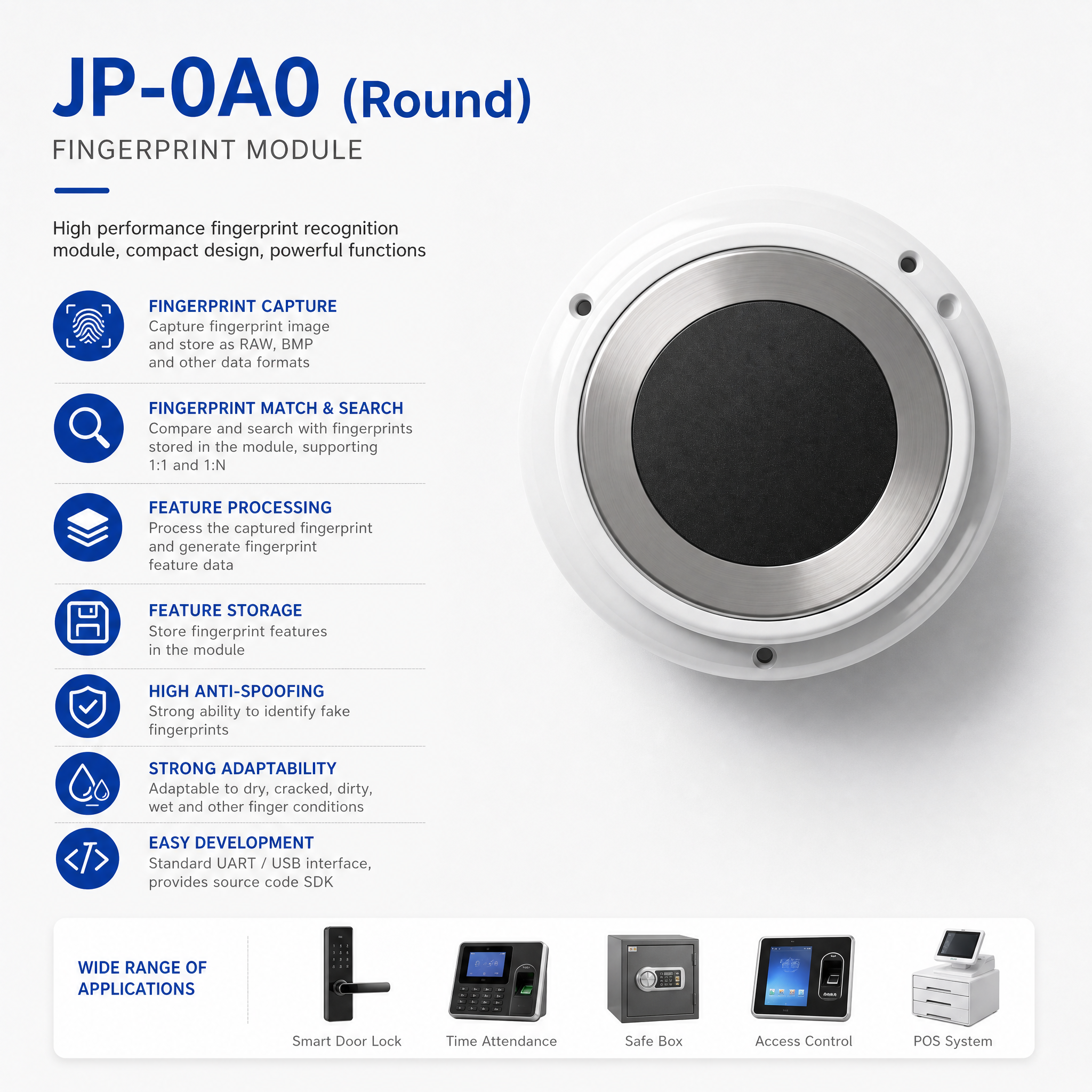 JP-0A02 Press Type Capacitive Fingerprint Sensor Module 192×192 Pixel 508DPI USB UART Interface 500 Fingerprint Storage for Access Control Lock