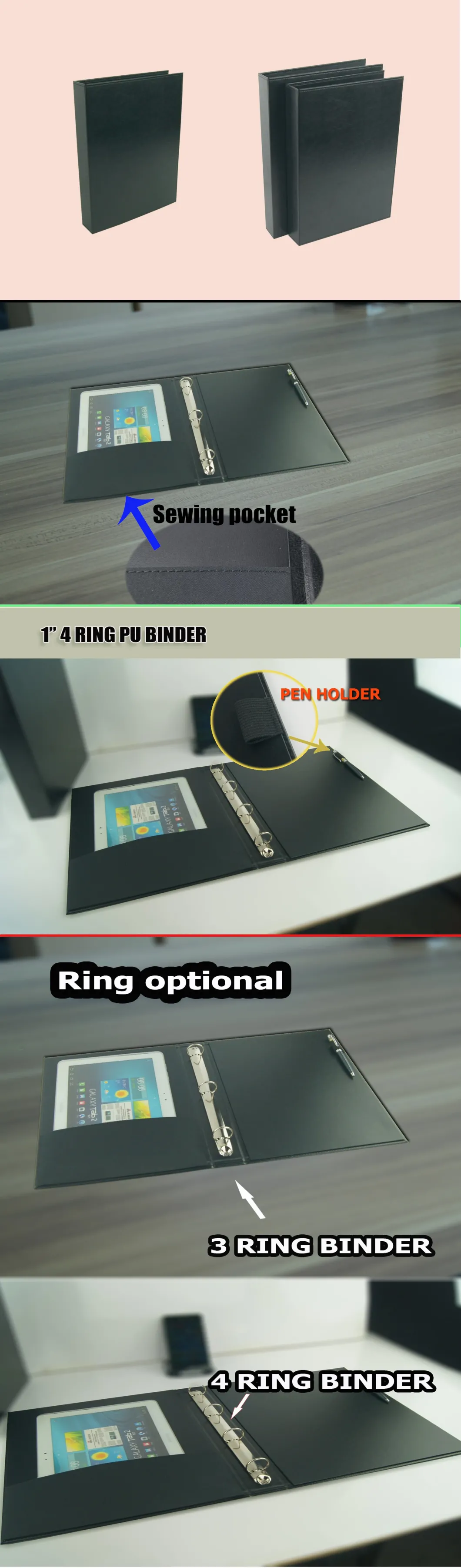 Custom Logo Leather 3 Ring Binder PU, Black