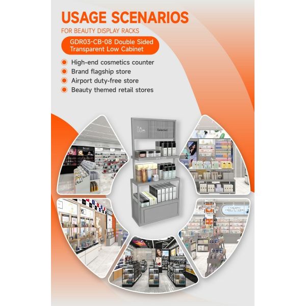 GDR03-CB-08 Double Sided Transparent Low Cabinet with Adjustable Shelves and Luxury Branding Integration for Specialty Beauty Stores