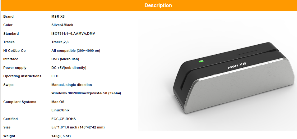 MSR-X6 Magnetic Stripe Smart Card Reader Writer Silver Black 5.5*1.6*1.6 inch 140*42*42 mm