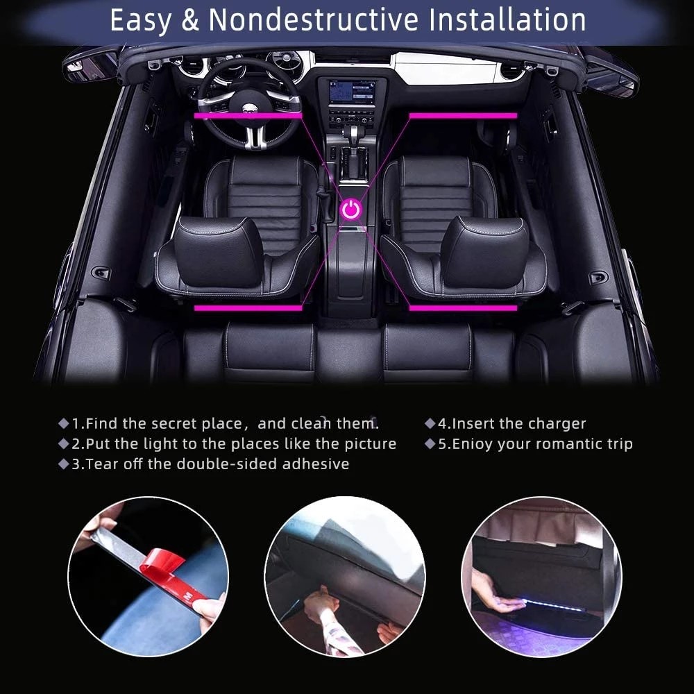 4 Pcs 48 Led Strip Car Interior Atmosphere Lights IP65 With USB Port APP Control