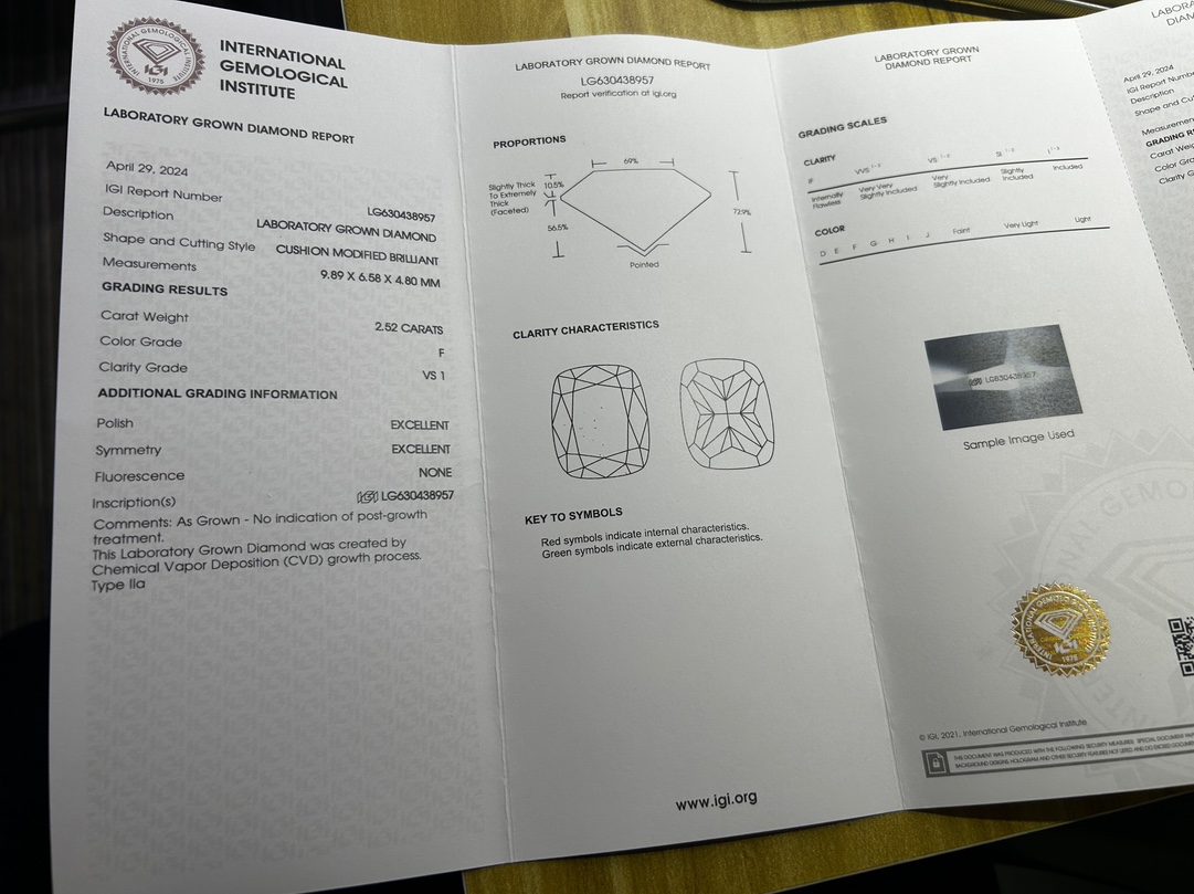 2.52CT Lab Created Diamond Cushion Cut CVD F VS1 EX EX N IGI | LG6304338957