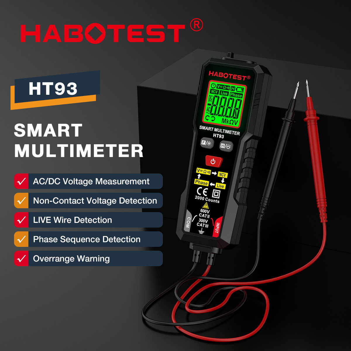 HT93 Digital Multimeter Voltage Tester 2000 Counts AC/DC Volt Meter True RMS NCV Phase Test Auto-Ranging Multimetro