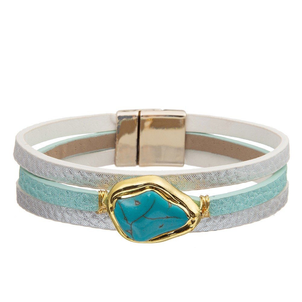 Bohemian Style Magnetic Buckle Leather Bracelet Set With Zircon Drop Shaped Turquoise