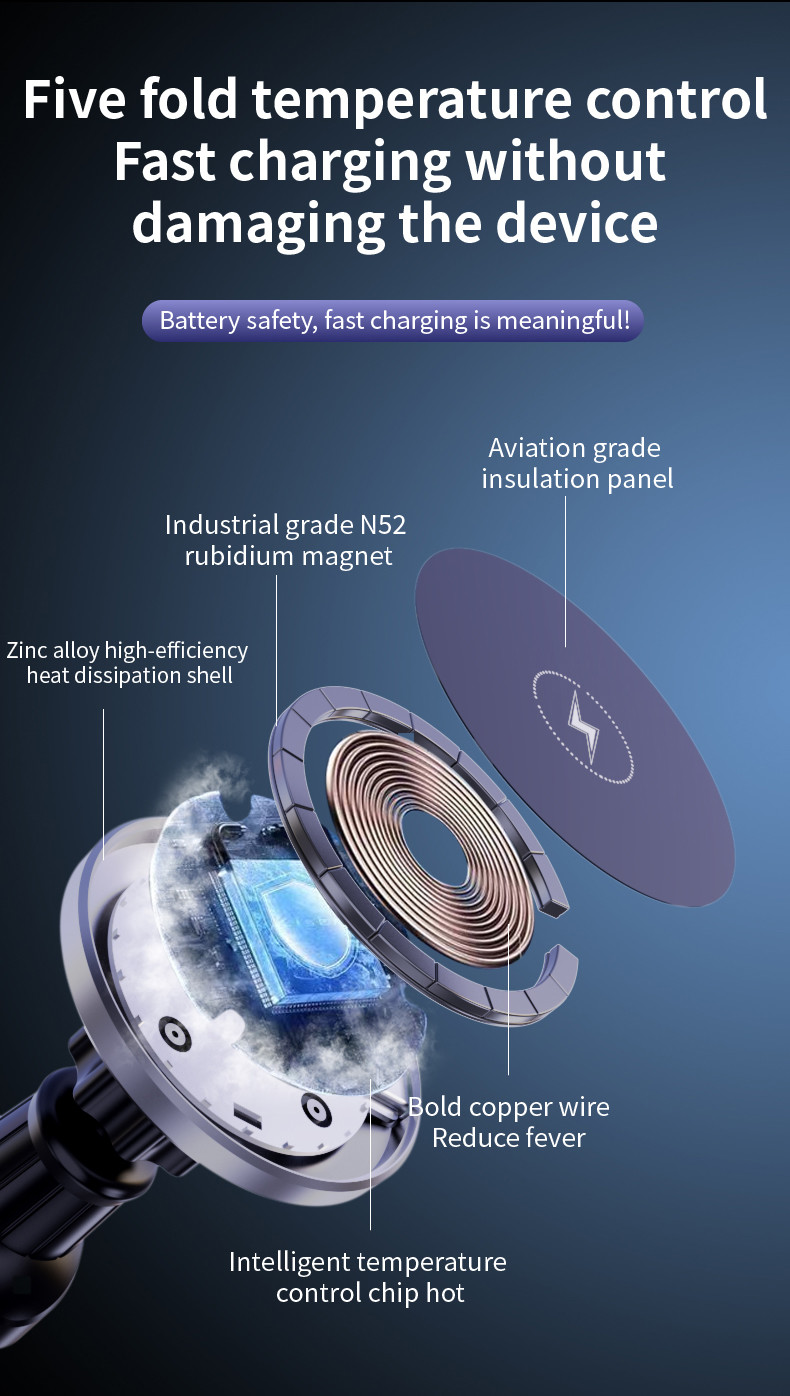 15W Magnetic Car Holder with Magnetic Wireless Charging Silver/Grey Color