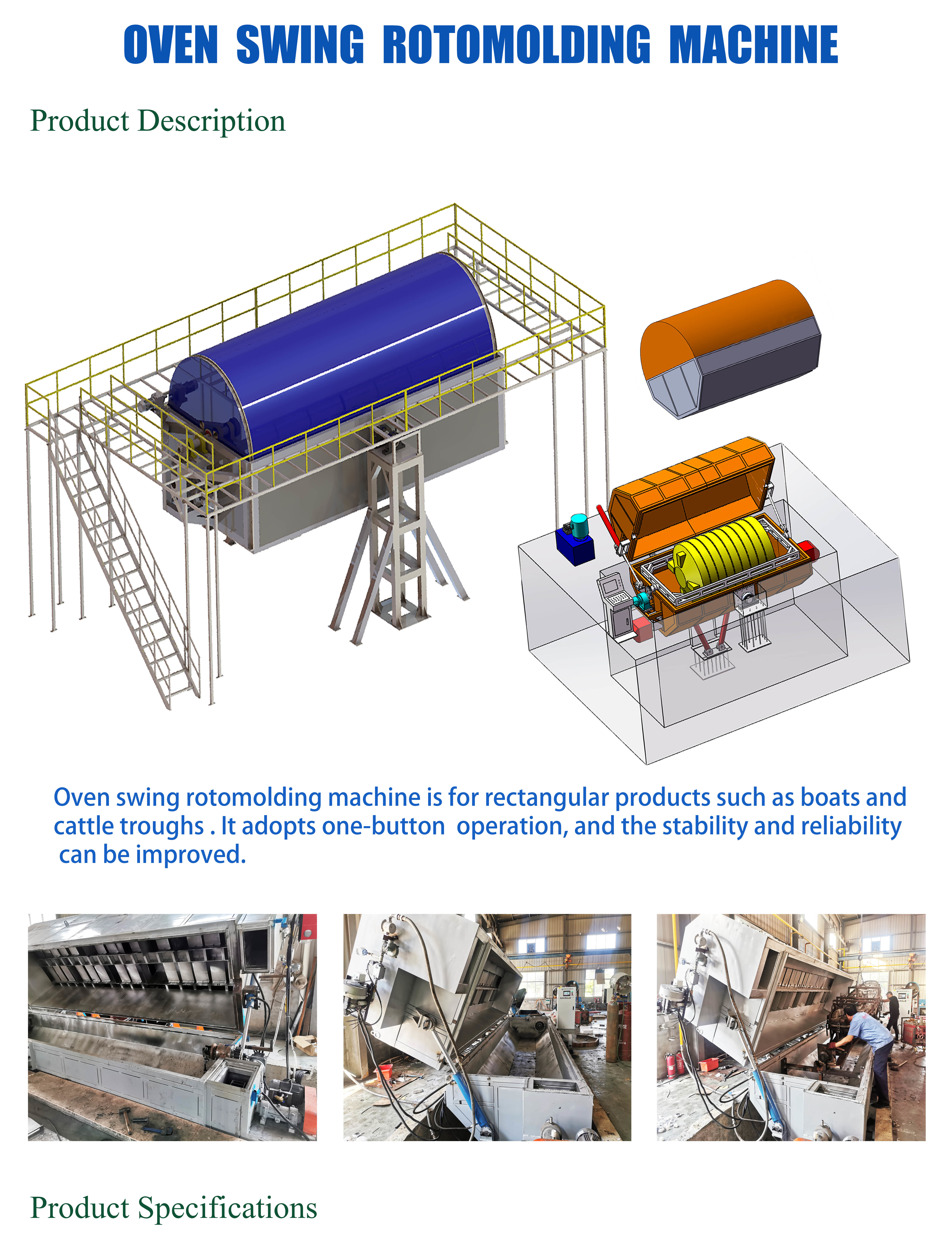 Low Noise Rock And Roll Rotomoulding Machines 6KW-11KW for producing boat & kayak