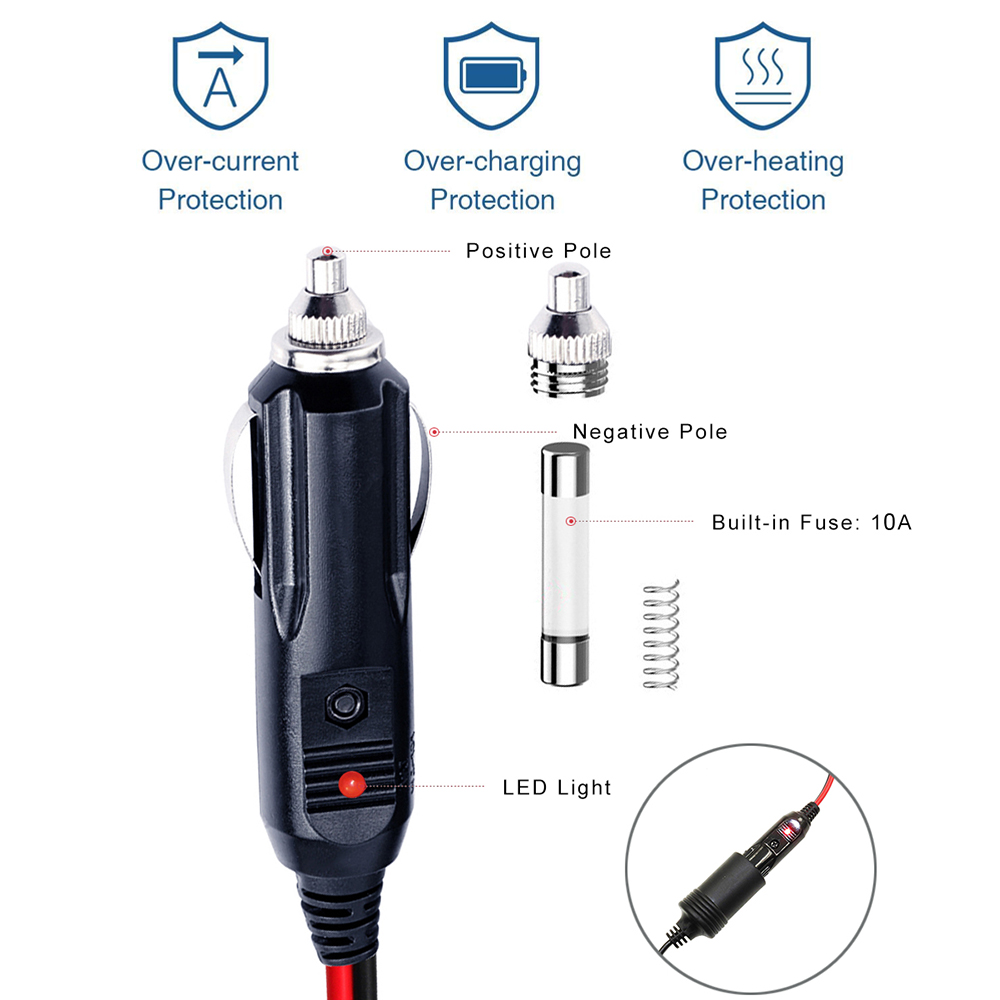 1M Spt-2 12V 24V Solar Power Cable Car Cigarette Lighter Male Adapter To 2 Ring Terminal