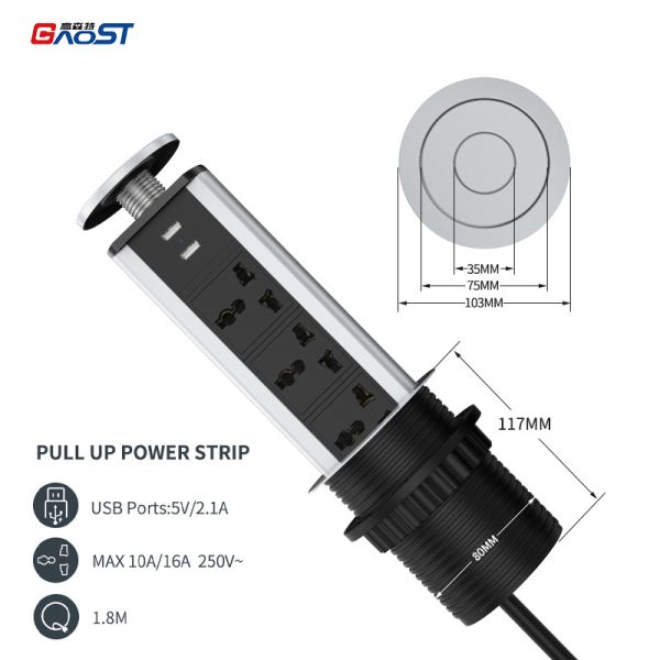 82mm Retractable Power Socket with 3 Universal Outlets and 20W USB-C Charge for Kitchen Countertop
