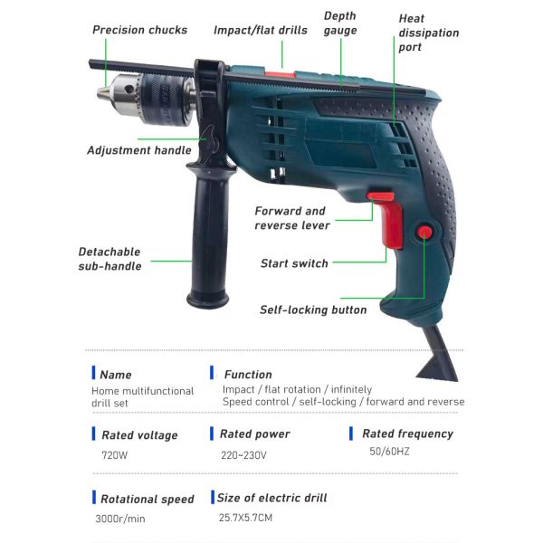 720W Corded Power Drill Drivers 28 Pcs Multi Speed For Wall Wood Metal