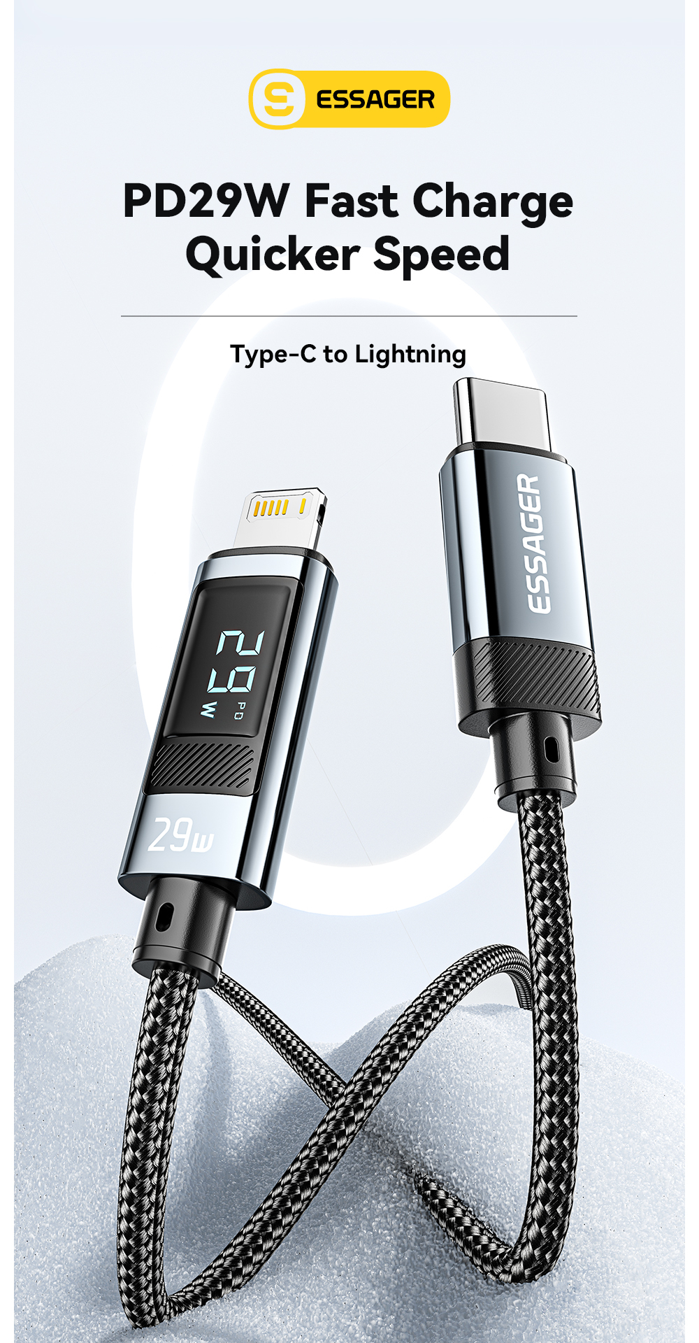 ESSAGER ES-X47 1m 2m PD29W Wired Braided Portable Usb C To Lightning Cable For Fast Charging